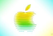 Abstract Apple logo made of stacked, colored discs.