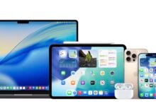 Apple devices: MacBook, iPad, iPhone, AirPods, and Watch on a white background.