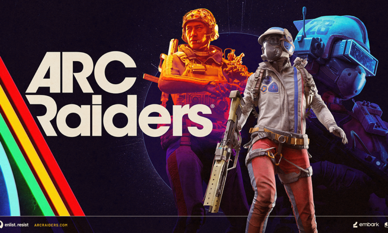Arc Raiders game promotional art featuring two characters in futuristic gear.