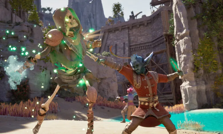 Fantasy battle scene with skeleton and blue-skinned elf-like character.