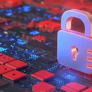 Metallic padlock icon on a red and blue circuit board background.