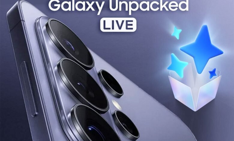Close-up of a smartphone camera array with 'Galaxy Unpacked LIVE' text.