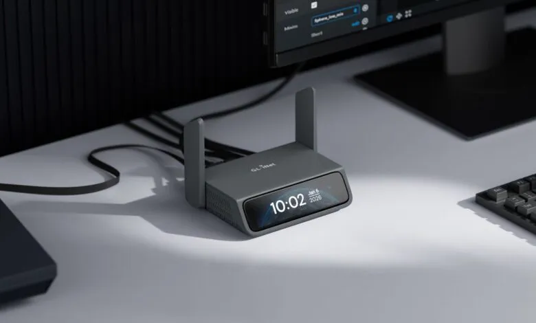 Gray GL.iNet router with digital display showing '10:02' and 'Jan 6 2026' on a desk.