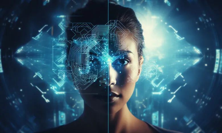 Woman's face merged with digital circuit board, blue glowing technology.