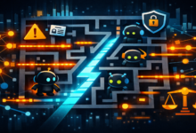 Robots navigate a maze with security icons, representing bot detection.