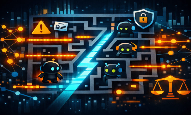 Robots navigate a maze with security icons, representing bot detection.