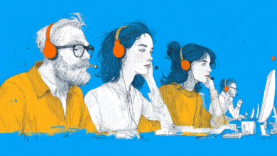 Illustration of diverse call center workers wearing headsets at computers.
