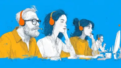Illustration of diverse call center workers wearing headsets at computers.