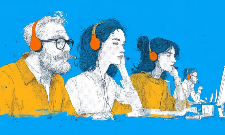 Illustration of diverse call center workers wearing headsets at computers.