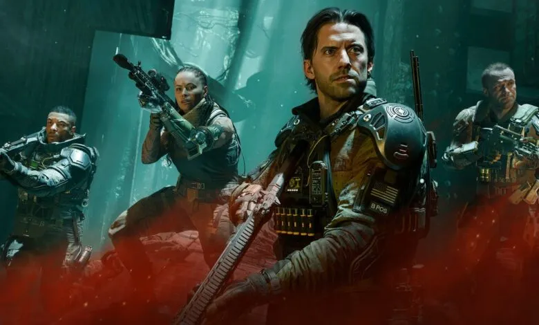 Four armed soldiers in tactical gear stand ready for combat in a dark, gritty environment.