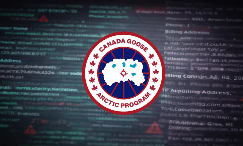 Canada Goose logo overlaid on a blurred computer screen with code and error messages.
