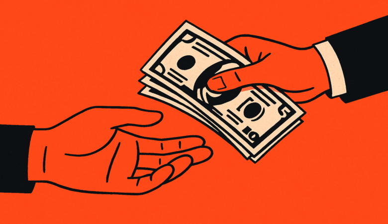 Hand in suit passes stack of cash to open hand on orange background.