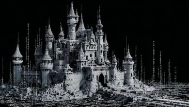 Digital castle made of blocks with binary code overlay, against a black background.