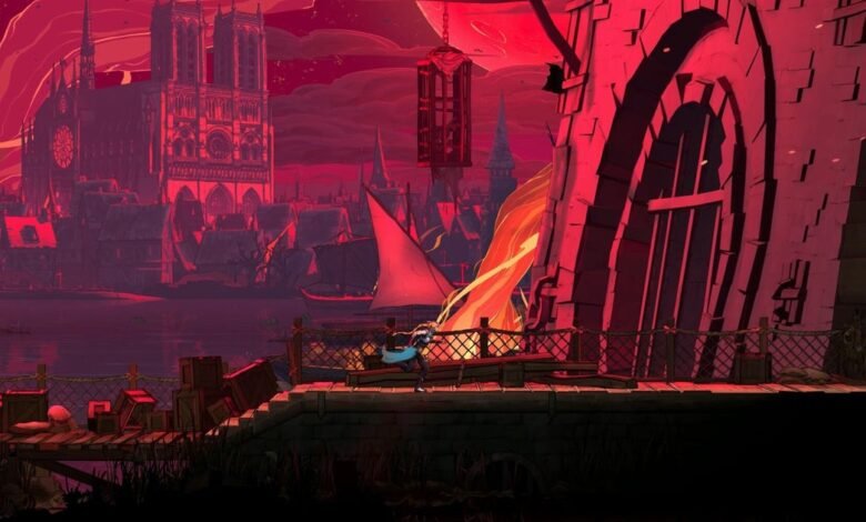 Castlevania-style game scene with character on a dock, red cityscape.