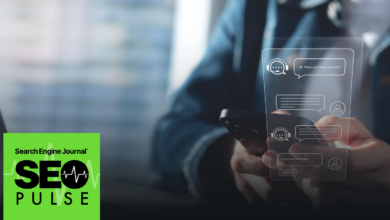 Person using chatbot on phone with SEO Pulse logo in corner.