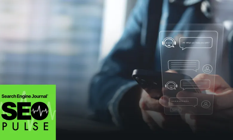 Person using chatbot on phone with SEO Pulse logo in corner.