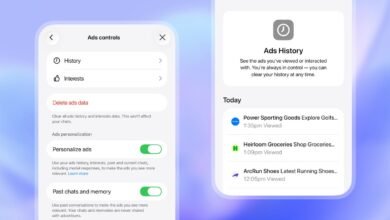 Screenshots of ad control settings and ad history on a mobile device.