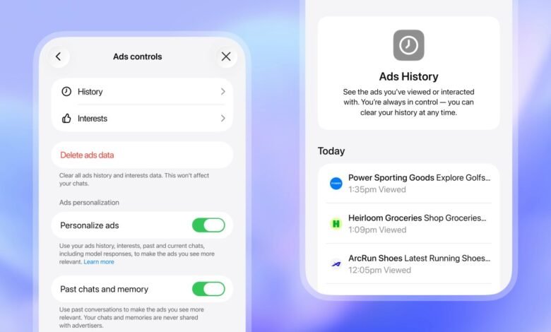Screenshots of ad control settings and ad history on a mobile device.