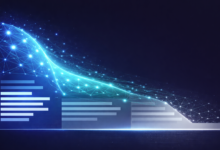 Abstract graph with glowing nodes and horizontal bars showing a downward trend.