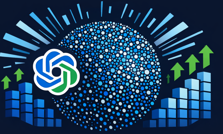 ChatGPT logo with upward trending graphs and a dotted sphere.