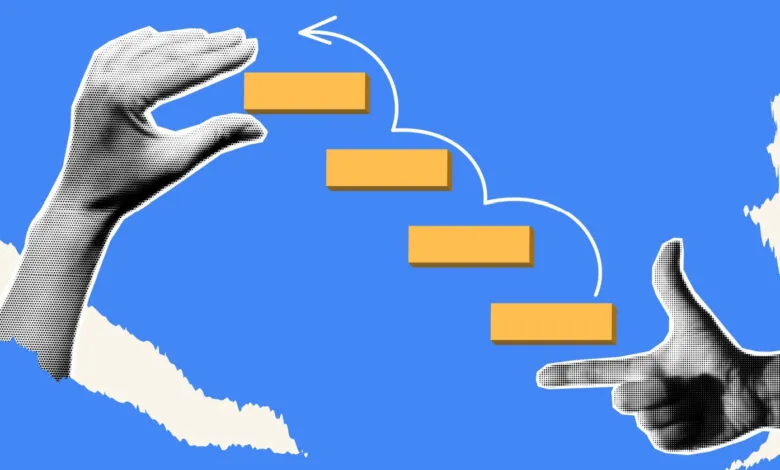 Abstract illustration of hands building steps with an arrow indicating direction.