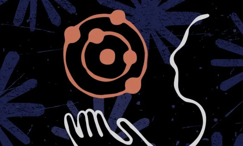 Abstract art with atom, hand, and face line drawing on black background.