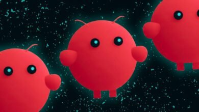 Three red, cartoon-like robots with blue eyes floating in a dark space.