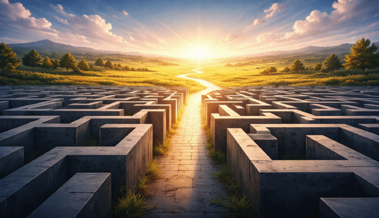 Stone maze with a clear path leading to a bright, sunny landscape.