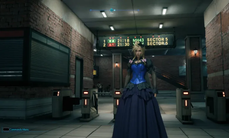 Cloud Strife in a blue dress stands in a subway station.