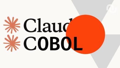 Claude Cobol text with abstract shapes in orange, gray, and white.