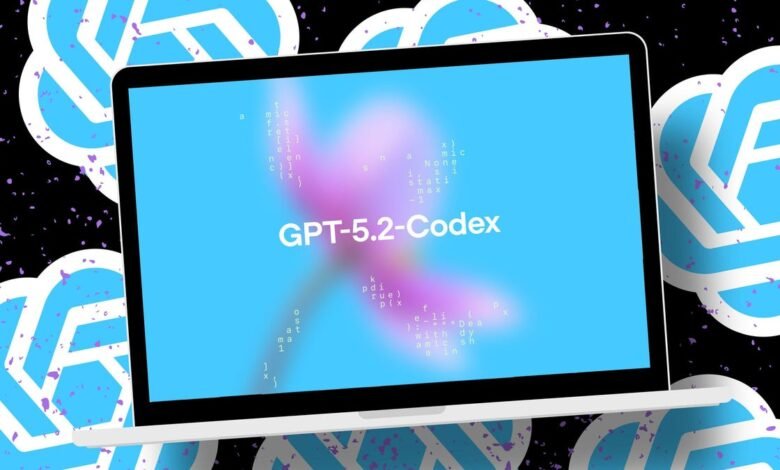 Laptop displaying 'GPT-5.2-Codex' with code-like text and OpenAI logo background.