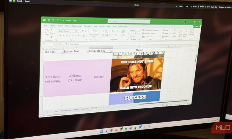 Excel spreadsheet with meme images and text, showcasing the IMAGE function.