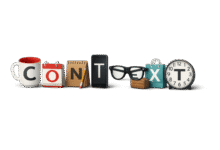 Objects spelling 'CONTEXT': mug, calendar, notepad, phone, glasses, bag, clock.