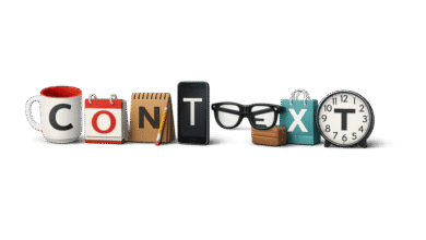 Objects spelling 'CONTEXT': mug, calendar, notepad, phone, glasses, bag, clock.