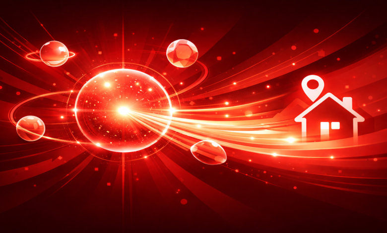 Abstract red background with glowing spheres and house icon.