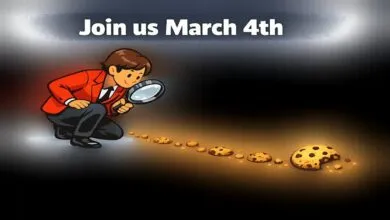 Cartoon detective follows cookie crumb trail with magnifying glass.