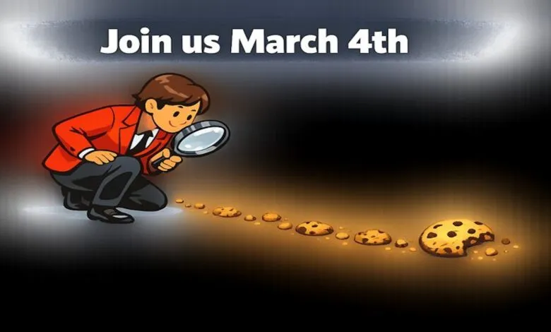 Cartoon detective follows cookie crumb trail with magnifying glass.