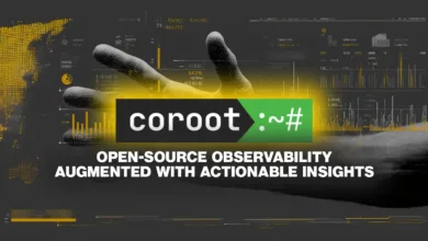 Coroot open-source observability platform with actionable insights shown on a tech-themed background.