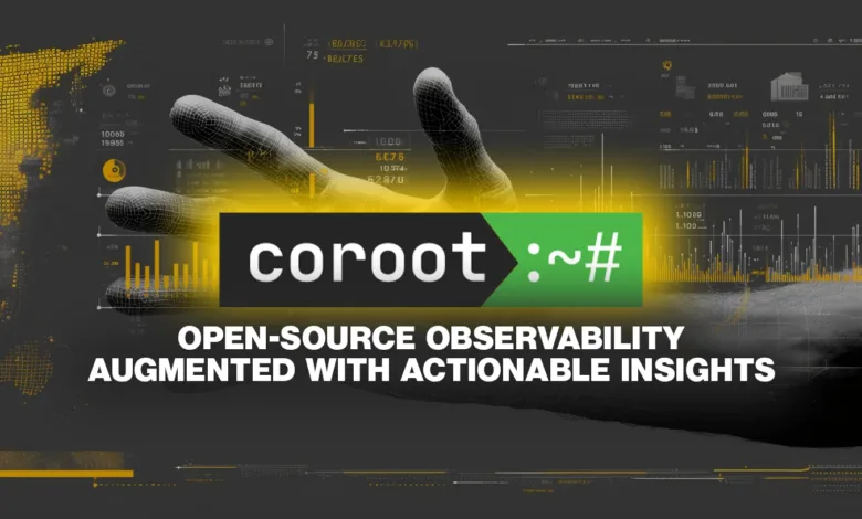 Coroot open-source observability platform with actionable insights shown on a tech-themed background.