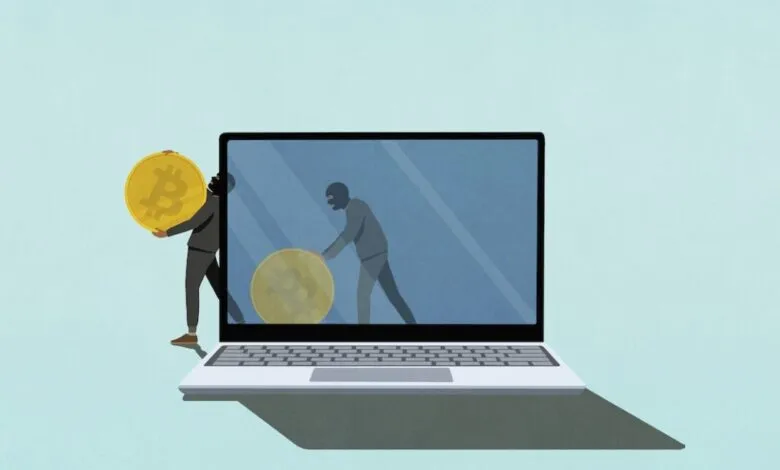 Illustration of masked figures stealing Bitcoin from a laptop screen.