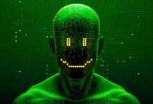 Digital humanoid figure with circuit board skin and glowing smile.