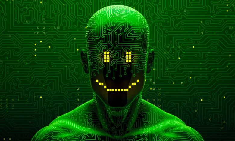 Digital humanoid figure with circuit board skin and glowing smile.