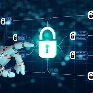 Robot hand interacting with a digital network secured by lock icons, cybersecurity concept.