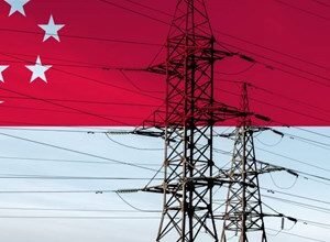 Electricity pylons overlaid with the Singapore flag, symbolizing energy infrastructure.