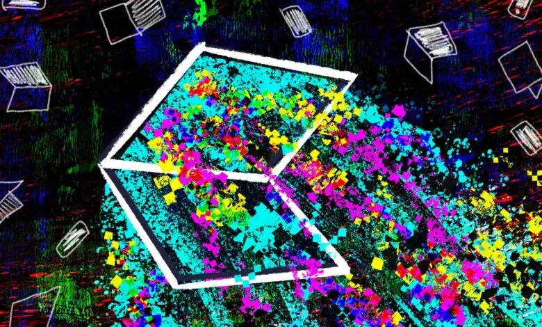 Abstract digital art of open laptop with colorful pixelated data stream.