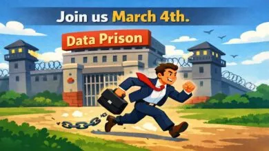 Cartoon man escaping 'Data Prison' with broken chain on ankle.