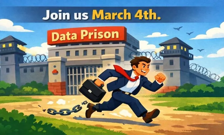 Cartoon man escaping 'Data Prison' with broken chain on ankle.