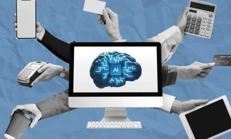 Hands holding devices surround a monitor displaying an AI brain, suggesting technology and finance.