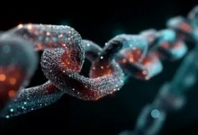 Abstract chain link design with glowing orange and blue lights.