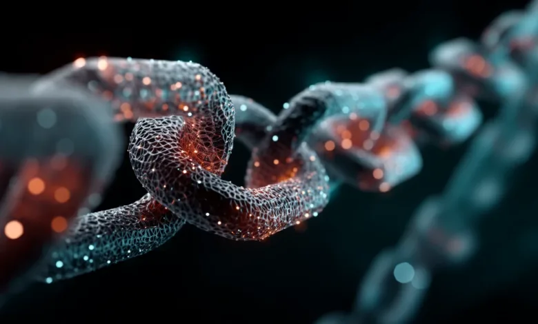 Abstract chain link design with glowing orange and blue lights.